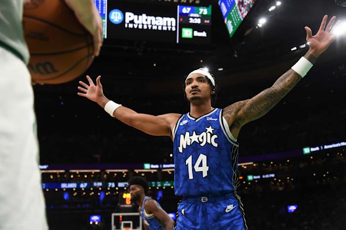 Dec 17, 2023; Boston, Massachusetts, USA; Orlando Magic guard Gary Harris (14) defends an inbound pass during the second half against the Boston Celtics at TD Garden.